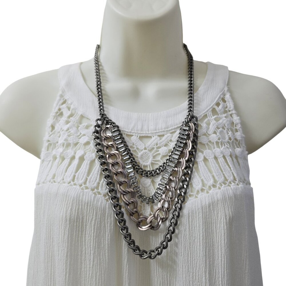 Chico’s Silver Tone Chunky Chain Bib Statement Necklace with Crystals